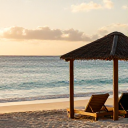 Caribbean Holidays, Curacao Wellness, Peaceful Cura&ccedil;ao beach at sunrise with calm turquoise water, soft golden light and a comfortable shaded lounger