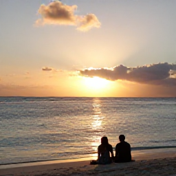 Caribbean Holidays, Cura&ccedil;ao Wellness, Peaceful Cura&ccedil;ao beach at sunset with a couple sitting quietly near the water, warm golden light and calm Caribbean sea
