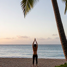 Caribbean Holidays, Cura&ccedil;ao Wellness, Person practising gentle yoga on a quiet Cura&ccedil;ao beach at dawn, tropical palms, calm sea and warm morning light