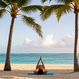 Caribbean Holidays, Curacao Wellness, Person practising yoga on a quiet Cura&ccedil;ao beach beside turquoise Caribbean sea, palm trees and natural morning light