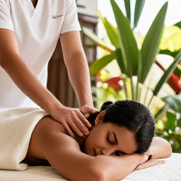 Caribbean Holidays, Cura&ccedil;ao Wellness, Person receiving a relaxing massage at a stylish Cura&ccedil;ao spa, with natural textures, tropical plants and soft daylight