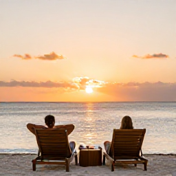 Caribbean Holidays, Curacao Wellness, Quiet Cura&ccedil;ao beach at sunset with a couple relaxing on loungers, warm evening colours, calm sea and peaceful Caribbean scenery