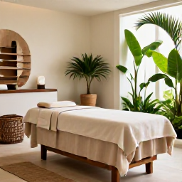 Caribbean Holidays, Curacao Wellness, Relaxing spa treatment in a stylish Cura&ccedil;ao resort with tropical plants, natural textures and soft neutral colours