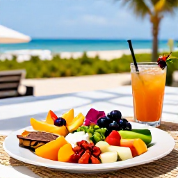 Caribbean Holidays, Cura&ccedil;ao Wellness Retreats, A colourful healthy meal with fresh tropical fruit, vegetables and a cool drink served on a shaded Cura&ccedil;ao terrace