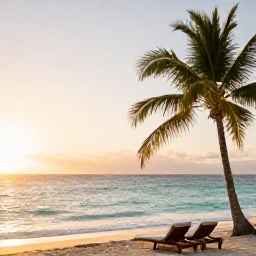 Caribbean Holidays, Cura&ccedil;ao Wellness Retreats, A peaceful Cura&ccedil;ao beach at sunrise with calm turquoise water, soft golden light and a quiet lounger beneath a palm tree