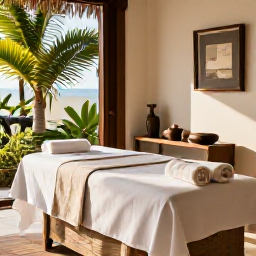 Caribbean Holidays, Curacao Wellness Retreats, Elegant spa treatment room in a Cura&ccedil;ao resort, natural textures, tropical plants, soft towels and warm sunlight