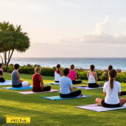 Caribbean Holidays, Curacao Wellness Retreats, Outdoor yoga session overlooking the Caribbean Sea in Cura&ccedil;ao, soft morning light, tropical greenery and relaxed participants