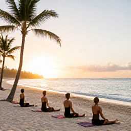 Caribbean Holidays, Cura&ccedil;ao Wellness Retreats, Visitors practising gentle yoga on a quiet Cura&ccedil;ao beach at sunrise, with palms, pale sand and calm sea in the background