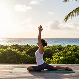 Caribbean Holidays, Cura&ccedil;ao Wellness, Traveller doing gentle yoga on a wooden deck overlooking the Caribbean Sea in Cura&ccedil;ao, early morning light and tropical greenery