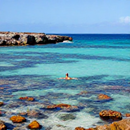 Caribbean Holidays, Curacao Wellness, Visitor swimming and snorkelling in clear Cura&ccedil;ao water above a colourful coral reef, sunny calm bay and rugged coastline