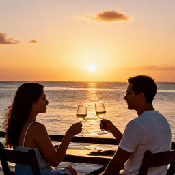 Caribbean Holidays, Cura&ccedil;ao Wine Holidays, Couple enjoying a sunset wine tasting near the coast of Cura&ccedil;ao, with gentle sea breeze and golden evening light