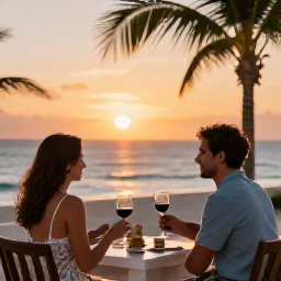 Caribbean Holidays, Cura&ccedil;ao Wine Tasting, A couple enjoying wine at sunset on a peaceful Cura&ccedil;ao terrace overlooking the sea, with palms and warm evening light
