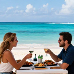 Caribbean Holidays, Cura&ccedil;ao Wine Tasting, A couple relaxing at a Cura&ccedil;ao beachside restaurant with wine, fresh seafood and a view of the turquoise Caribbean Sea