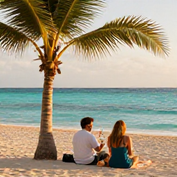 Caribbean Holidays, Cura&ccedil;ao Wine Tasting, A couple relaxing beside a turquoise Cura&ccedil;ao beach after a wine tasting, with palm trees, calm sea and late afternoon sunlight