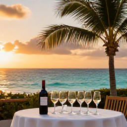 Caribbean Holidays, Cura&ccedil;ao Wine Tasting, A relaxed outdoor wine tasting beside the turquoise Caribbean Sea in Cura&ccedil;ao, with tropical palms, elegant glasses and a warm August sunset