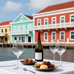 Caribbean Holidays, Cura&ccedil;ao Wine Tasting, A stylish wine tasting table in Willemstad, Cura&ccedil;ao, with wine glasses, small plates of local food and colourful Dutch Caribbean architecture