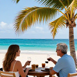 Caribbean Holidays, Cura&ccedil;ao Wine Tasting, A sunny Cura&ccedil;ao beach with turquoise water, palm trees and a couple relaxing after a morning wine and food experience