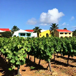 Caribbean Holidays, Cura&ccedil;ao Wine Tasting, A sunny Cura&ccedil;ao vineyard setting with rows of grapevines, colourful Caribbean architecture and a bright blue sky