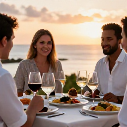 Caribbean Holidays, Cura&ccedil;ao Wine Tasting, An intimate evening wine dinner in Cura&ccedil;ao, with elegant glasses, Caribbean dishes and soft sunset light