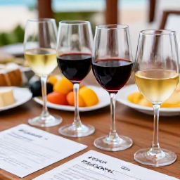 Caribbean Holidays, Cura&ccedil;ao Wine Tasting, Close-up of Caribbean wine tasting with red and white wines, tasting notes, local cheese and tropical fruit on a shaded terrace in Cura&ccedil;ao