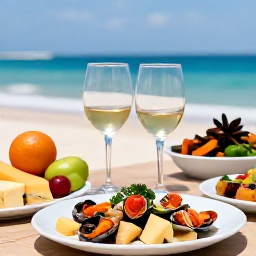 Caribbean Holidays, Cura&ccedil;ao Wine Tasting, Close-up of wine glasses beside Cura&ccedil;ao seafood, cheese, fruit and traditional Caribbean appetisers