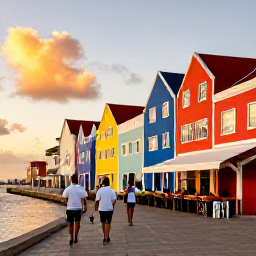 Caribbean Holidays, Cura&ccedil;ao Wine Tasting, Colourful Willemstad waterfront in Cura&ccedil;ao at sunset, with guests walking between historic buildings and restaurants