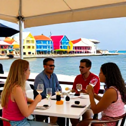 Caribbean Holidays, Cura&ccedil;ao Wine Tasting, Colourful Willemstad waterfront with guests enjoying an outdoor wine tasting at a stylish restaurant near the sea