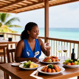 Caribbean Holidays, Cura&ccedil;ao Wine Tasting, Cura&ccedil;ao local food and wine pairing with fresh seafood, tropical produce and elegant wine glasses on a shaded restaurant terrace