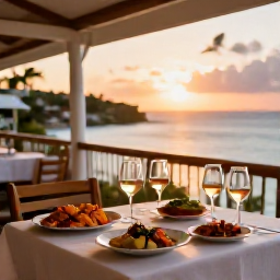 Caribbean Holidays, Cura&ccedil;ao Wine Tasting, Elegant Caribbean restaurant terrace in Cura&ccedil;ao with a wine flight, seafood dishes and sunset views over the coast