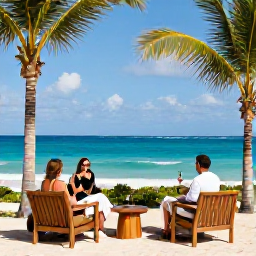 Caribbean Holidays, Cura&ccedil;ao Wine Tasting, Travellers relaxing at a Cura&ccedil;ao beach resort after a wine tasting, with turquoise sea, palm trees and comfortable outdoor seating