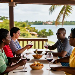 Caribbean Holidays, Cura&ccedil;ao Wine Tasting, Visitors enjoying a relaxed outdoor wine tasting in Cura&ccedil;ao, with wine glasses, local snacks and tropical scenery