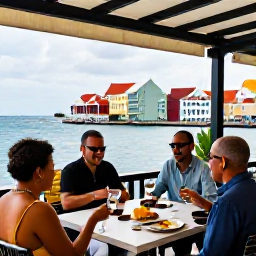 Caribbean Holidays, Cura&ccedil;ao Wine Tasting, Visitors enjoying wine and small plates at a stylish shaded terrace overlooking the colourful architecture and sea of Willemstad, Cura&ccedil;ao