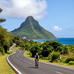 Caribbean Holidays, Cycling Holidays, A cyclist riding along a quiet tropical coastal road on Saint Vincent, with green hills, blue sea and bright Caribbean sunlight