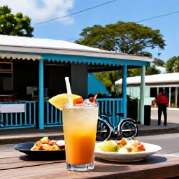 Caribbean Holidays, Cycling Holidays, A friendly Caribbean roadside caf&eacute; in Saint Vincent with cyclists enjoying fresh fruit drinks and local food