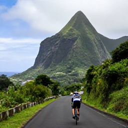 Caribbean Holidays, Cycling Holidays, A road cyclist climbing a green mountain road on Saint Vincent, with rainforest, dramatic volcanic slopes and distant sea views