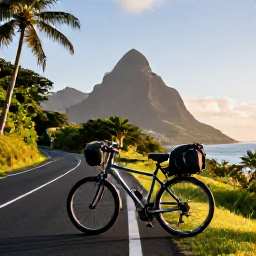 Caribbean Holidays, Cycling Holidays, A well-equipped touring bicycle parked beside a tropical road on Saint Vincent at sunrise, with mountains and ocean in the background