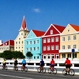 Caribbean Holidays, Cycling Holidays, Colourful cyclists exploring the historic streets and waterfront of Willemstad, Cura&ccedil;ao, with pastel buildings and the Queen Emma Bridge