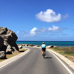 Caribbean Holidays, Cycling Holidays, Cyclist riding along a sunny coastal road in Cura&ccedil;ao with turquoise sea, rugged rocks and bright blue sky