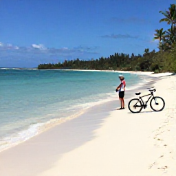 Caribbean Holidays, Cycling Holidays, Cyclist stopping beside a secluded Cura&ccedil;ao beach with clear shallow water, white sand and a bicycle resting nearby