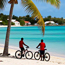 Caribbean Holidays, Cycling Holidays, Cyclists stopping beside a Caribbean beach in Bequia, with bicycles, turquoise water, palm trees and a small island village