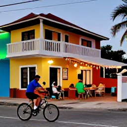 Caribbean Holidays, Cycling Holidays, Friendly cycling holiday travellers relaxing at an outdoor Cura&ccedil;ao caf&eacute; after a ride, with colourful architecture and tropical evening light