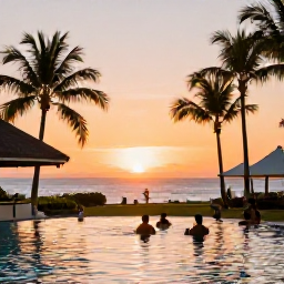 Caribbean Holidays, December Adults Only, A relaxed adults-only Caribbean resort in Trinidad and Tobago at sunset, with palm trees, warm light and guests enjoying a quiet pool