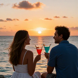 Caribbean Holidays, December Adults Only, Couple enjoying a sunset cocktail at an adults-only Caribbean resort in Tobago, overlooking the sea with warm evening colours