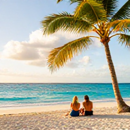Caribbean Holidays, December Adults-Only Holidays, Couple relaxing on a quiet Caribbean beach in December, turquoise sea, white sand, palm trees and warm golden sunlight