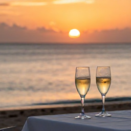Caribbean Holidays, December Adults-Only Holidays, Romantic Caribbean sunset with two glasses of sparkling wine on a beach table, warm orange sky and calm sea