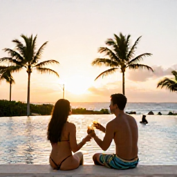 Caribbean Holidays, December Adults Only, Relaxed couple enjoying a sunset drink beside an adults-only resort pool in Turks and Caicos, tropical evening in December