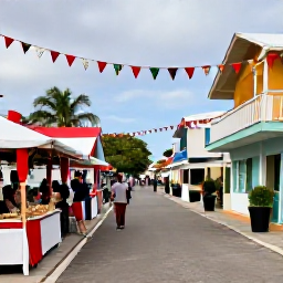 Caribbean Holidays, December Adventure Holidays, A colourful Caribbean village street decorated for Christmas, with local food stalls, musicians and welcoming residents