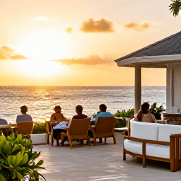 Caribbean Holidays, December Adventure Holidays, A comfortable Caribbean beachfront hotel terrace at sunset, with travellers relaxing after an active day and the sea beyond