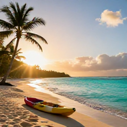 Caribbean Holidays, December Adventure Holidays, A warm Caribbean beach at sunrise in December, with turquoise water, palm trees and a kayak ready for adventure