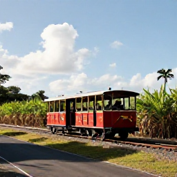 Caribbean Holidays, December Adventures, A historic scenic railway carriage travelling beside the Caribbean coast and sugar cane fields of Saint Kitts in December sunlight